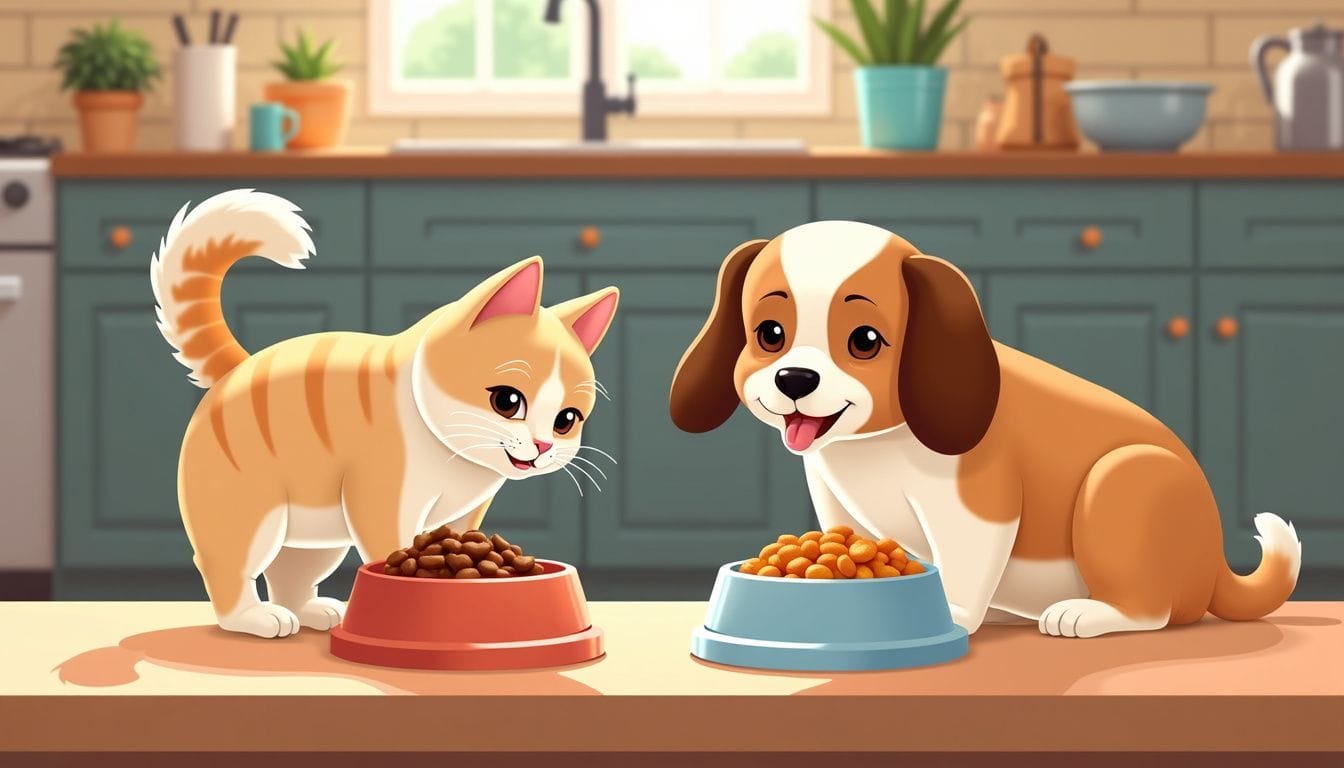 A cat and dog are eating from separate food bowls in a cozy kitchen. A cat and dog are eating from separate food bowls in a cozy kitchen.