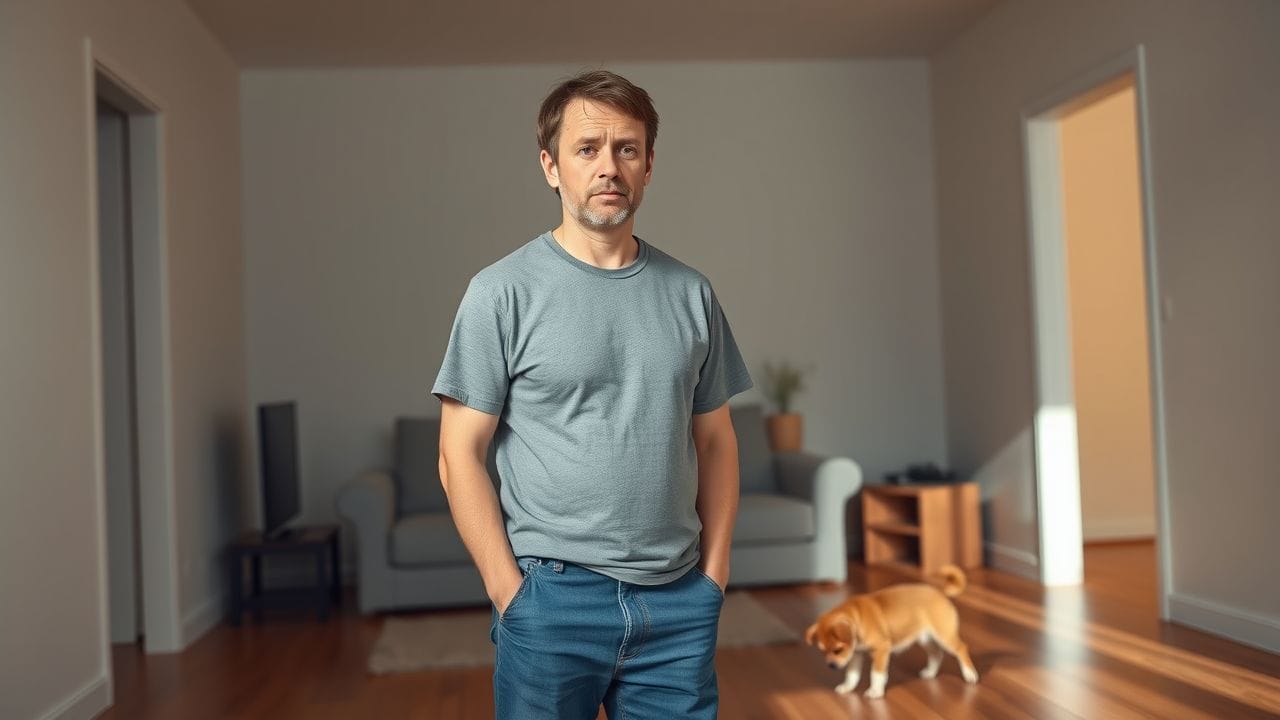 A puzzled man watches his dog scratching the floor in a living room. A puzzled man watches his dog scratching the floor in a living room.