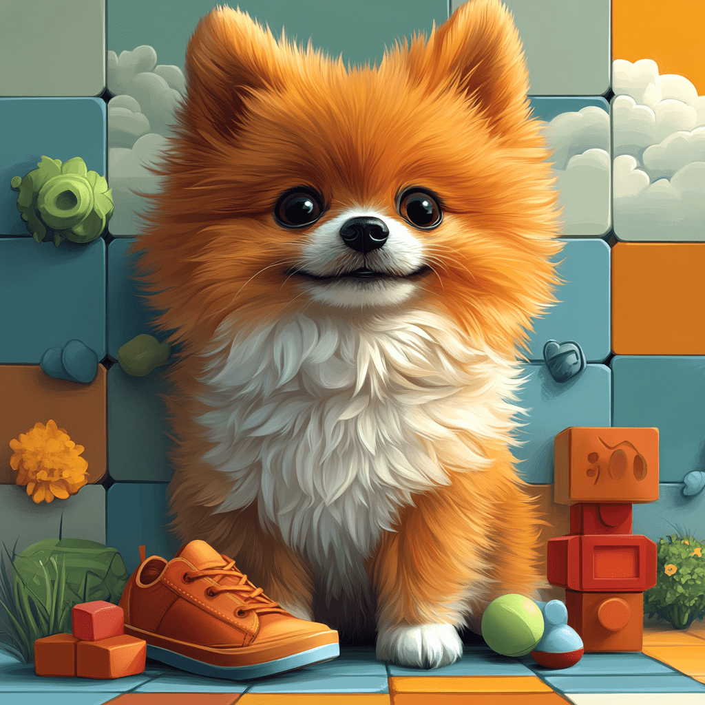 A Pomeranian sits on a grooming table, showcasing the breed's grooming needs. Mischievous Pomeranian with geometric shoe and toys in flat design style.