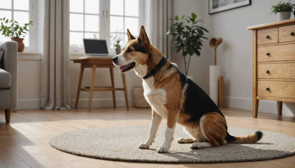 A dog, seemingly well-versed in how to stop whining for attention, sits calmly on a circular rug in a sunlit living room. In the background, a wooden desk holds a laptop amidst lush plants, with a tidy dresser completing the cozy scene.