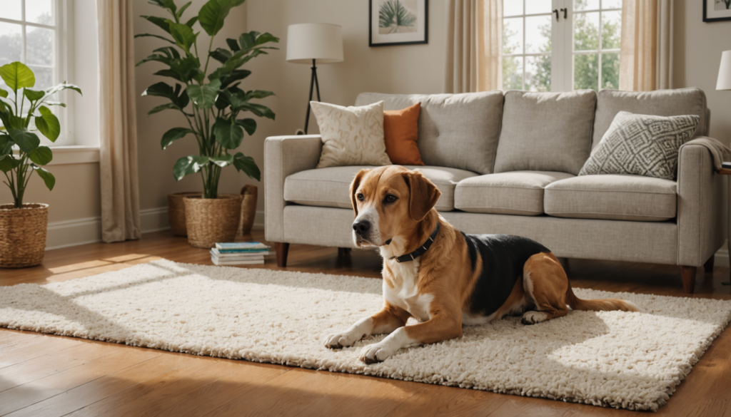 A dog peacefully lies on a rug in a cozy living room, featuring a gray sofa, cushions, potted plants, and bookshelves. Bright sunlight streams through the large windows—an idyllic scene for pet owners pondering how to stop dog peeing on the carpet.