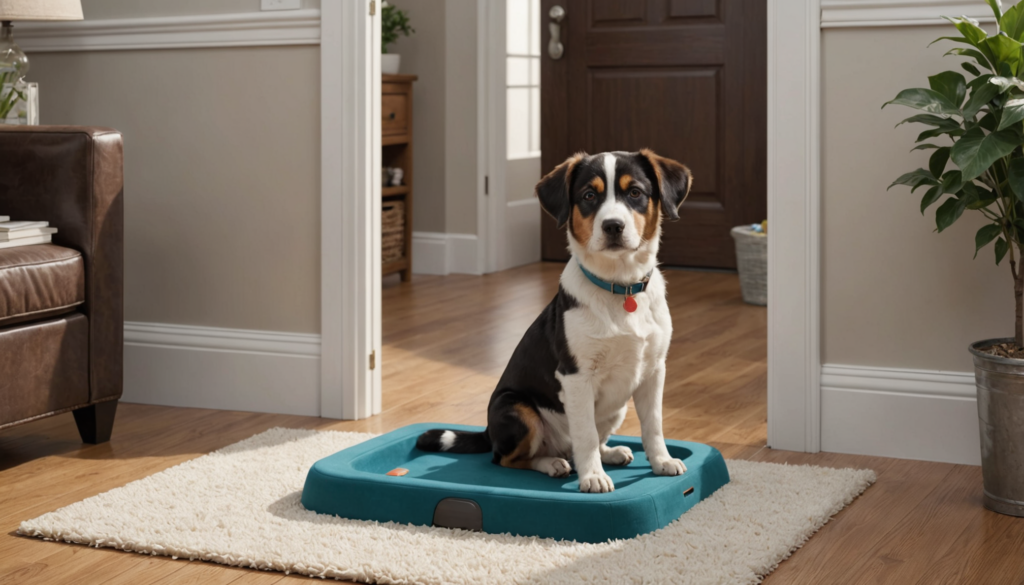 A dog sits on a teal balance board in a carpeted living room, with a doorway and wooden floor visible in the background. While mastering this trick, remember to check out tips on how to stop a dog peeing on the carpet for a spotless space.