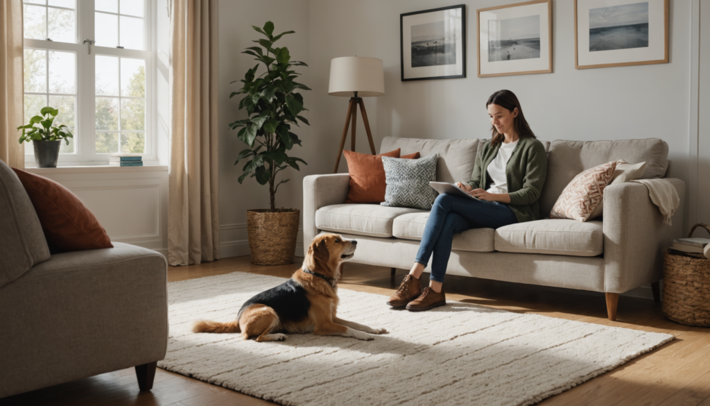 A woman sits on a couch in a well-lit living room, searching on her laptop for tips on how to stop dog whining for attention. Nearby, her dog lies quietly on the rug amidst plants and framed pictures.