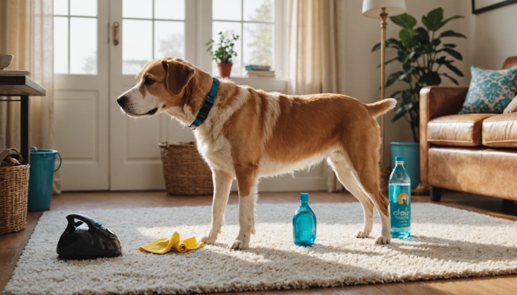 A dog stands on a living room rug with cleaning items, including a spray bottle, cloth, and two bottles — essentials when learning how to stop dog peeing on carpet. Sunlight streams through a window with a view of the garden.