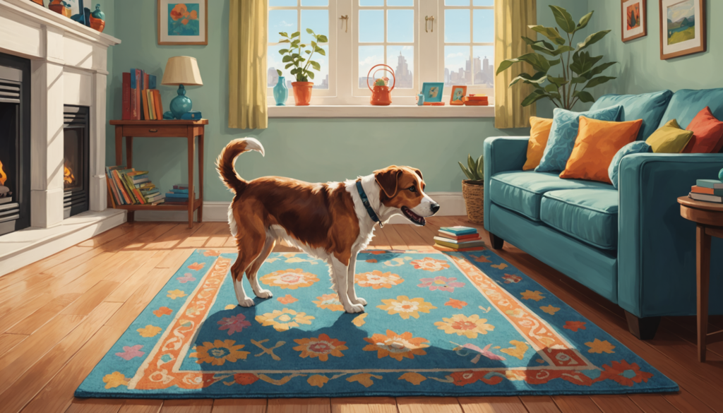 A brown and white dog stands proudly on a colorful floral rug in a cozy living room with a fireplace, teal couch, and sunny window. This charming scene reflects the peaceful harmony achieved after learning how to stop dog peeing on carpet.