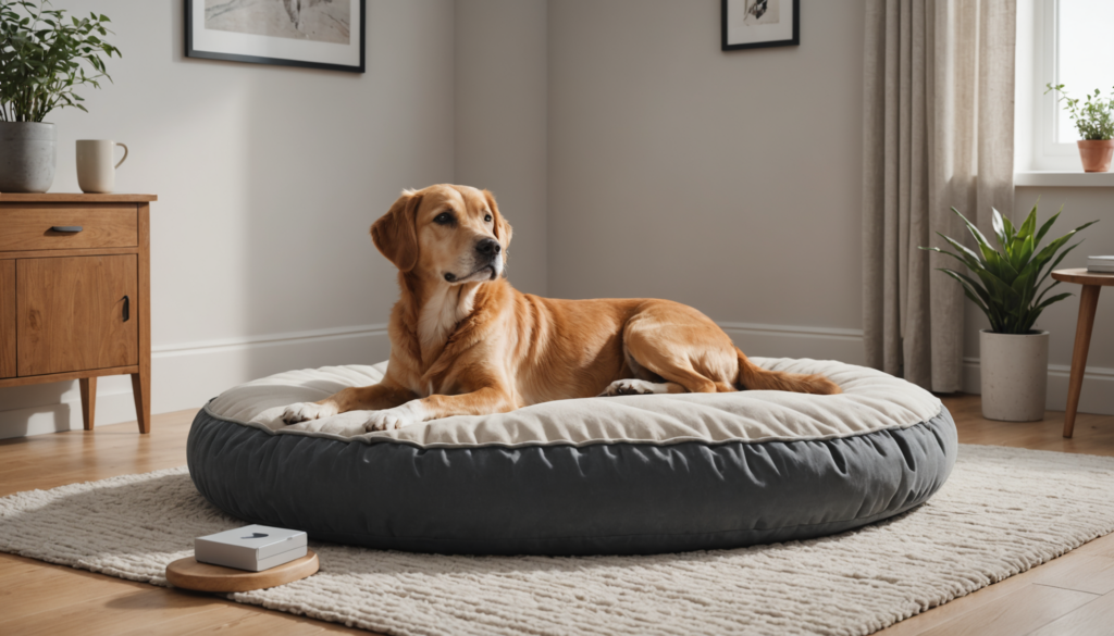 A brown dog lounges contentedly on a large, round bed amidst the living room's wooden furniture and lush plants, framed pictures hanging on the walls—a serene scene for those learning how to stop dog whining for attention.