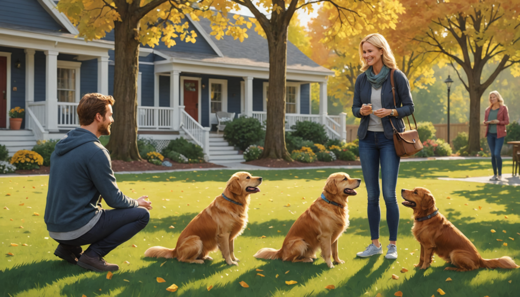 A man kneels while a woman stands, both facing three sitting Golden Retrievers on a grassy lawn. A tree with yellow leaves stands nearby, with houses in the background. They share a gentle moment, ensuring everyone feels safe and loved—because scruffing a dog is not their approach to care.