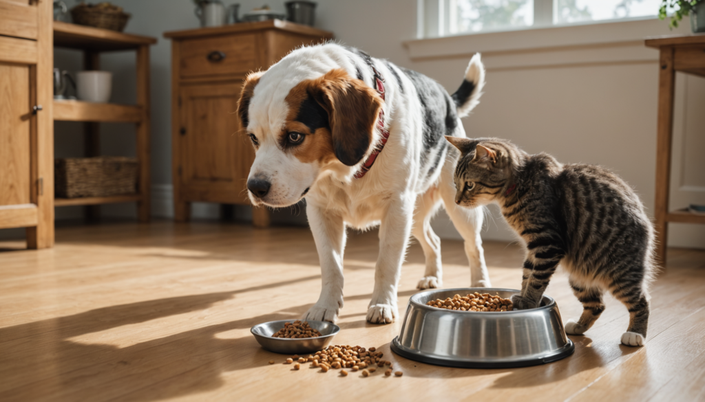 A dog and a cat eat from separate bowls on a wooden floor in a sunlit room, surrounded by the gentle chaos of scattered pet food.