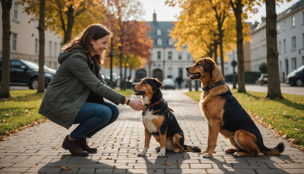 A woman kneels on a tree-lined path, smiling warmly at two large dogs sitting in front of her, their tails wagging excitedly. It's an autumn scene bathed in golden hues, showing the joy of companionship and care without any hint of scruffing or distress.