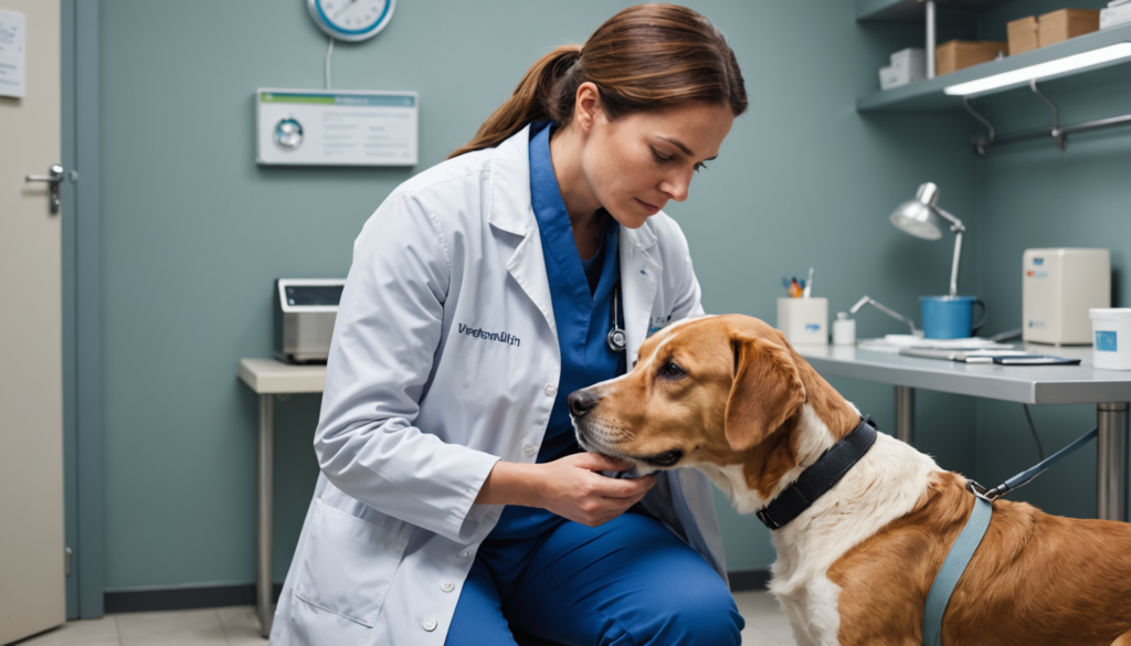 In a clinic room filled with medical equipment, a veterinarian in blue scrubs carefully examines the brown and white dog, ensuring it's comfortable and stress-free without resorting to scruffing.
