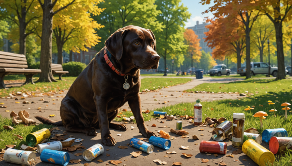 A brown dog with a collar sits obediently on a park path, surrounded by scattered cans and autumn leaves. As the trees display vibrant foliage, it's easy to wonder how to stop my dog from eating everything in sight.