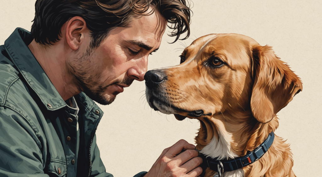 A man gently holds a dog's collar, their eyes meeting in silent understanding. The orange and white mixed breed seems content. With short brown hair and a beard, the man's presence is calming against the plain backdrop—a testament that compassionate handling fosters trust.
