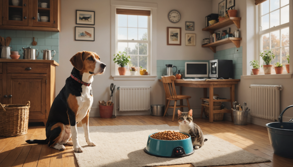 A dog and cat sit near a large bowl of pet food on a kitchen floor, pondering whether dogs can eat cat food. The room features wooden cabinets, a table with a computer, and plants on the windowsill.