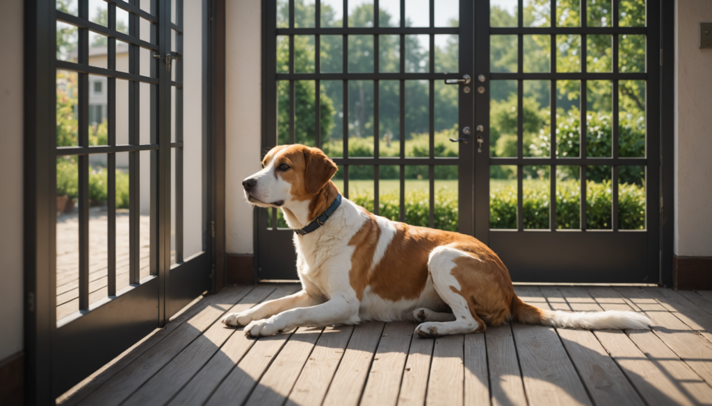 A brown and white dog lies on a wooden floor in front of large glass doors, gazing outside at a sunny garden, seemingly pondering how to stop my male dog from trying to mate with every squirrel he sees.