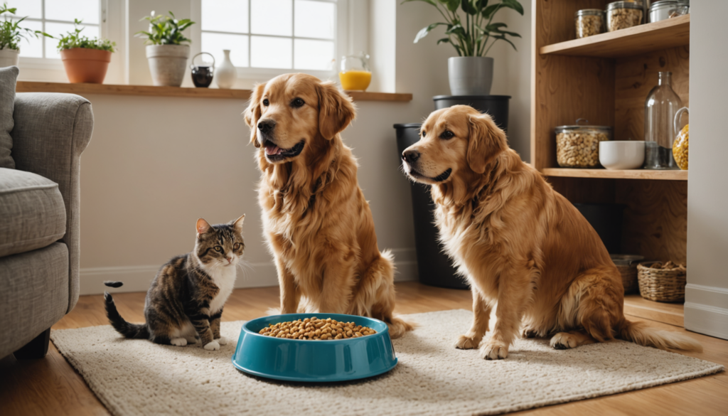 Two Golden Retrievers and a tabby cat sit harmoniously by a bowl of kibble on a rug in the living room, bathed in natural light streaming through the window, dispelling any myth that dogs can eat cats.