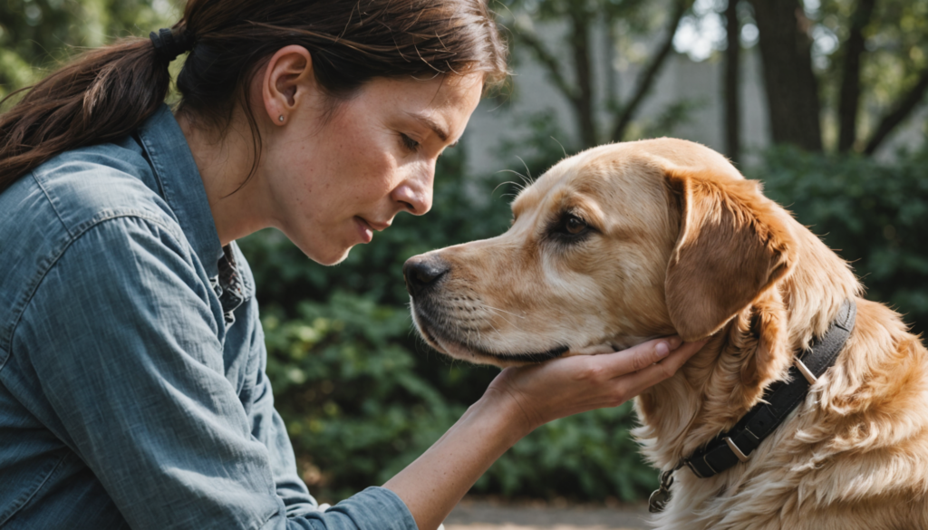 In a peaceful, wooded area, a woman in a denim shirt lovingly holds the face of her Labrador Retriever, embodying the essence of kindness and bond between human and canine.
