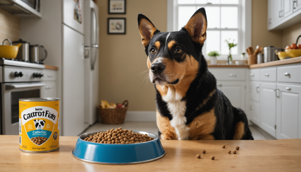 Can Dogs Eat Cats featuring A curious dog sits at a table with a bowl of kibble and a can labeled "Carrotor Flavor," pondering if dogs can eat cats, as morning light spills into the cozy kitchen.